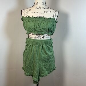 Free People Twyla  Piece Set Green Ruffle Trim Strapless Top‎ Shorts Medium